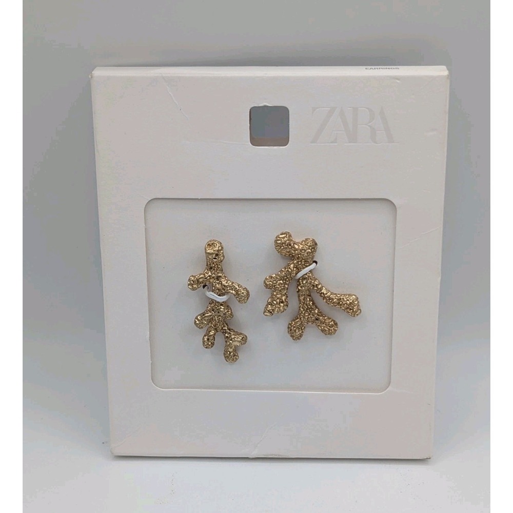 Zara Gold Tone Coral Branch Statement Earrings Textured Sculptural NWT